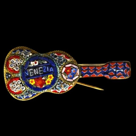 MCM Vintage Micro Mosaic Venezia Italian Guitar Pin - Picture 4 of 4